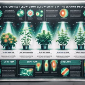 Educational poster illustrating the negative effects of incorrect distances between LED grow lights and plants, featuring examples of light burn and stretching. Accompanied by descriptions of each condition's cause and effect on plant health