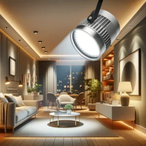 A bright and energy-efficient LED spotlight illuminates a modern living room, highlighting a piece of art on the wall.