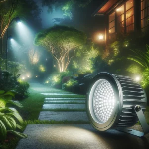 An LED spotlight installed outdoors lights up a garden path at night, enhancing security and landscape beauty